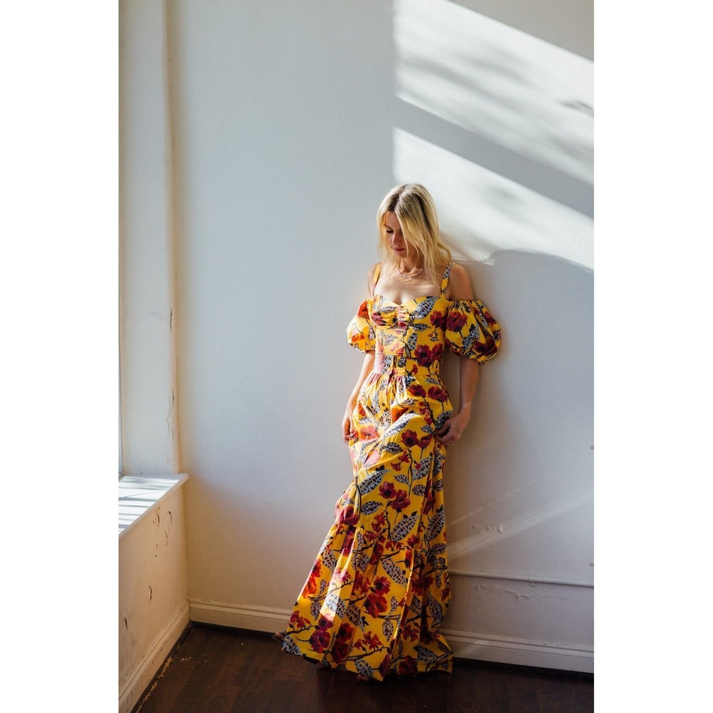 ALC Lillie Yellow Floral Maxi Skirt High Waisted Button Front Tiered Size 0 NWT